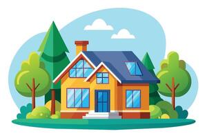 A cartoon illustration of a yellow house with a blue roof surrounded by trees and greenery. The sun is shining, and the house appears to be in a pleasant, idyllic setting. vector