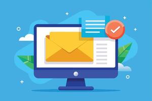Illustration of a computer monitor displaying an email envelope with a checkmark icon, signifying a successful or completed action. vector