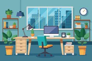 A modern office desk with a computer, desk lamp, and office chair sits next to a window with a cityscape view. There are shelves with books and potted plants in the room. vector