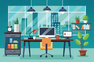 An illustration depicting a modern office workspace with a large window overlooking a city skyline. A desk with a computer, desk lamp, office chair, and other office supplies is featured. vector
