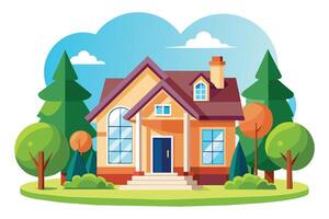 An illustration of a modern two story house with a front porch, a yard, and trees. vector