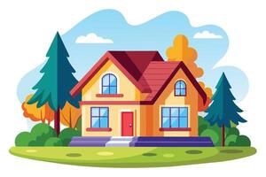 An illustration of a two-story house with a red roof and green trees in a sunny suburban setting. vector