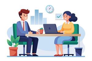 Two happy business professionals are sitting at a desk. The woman is using a laptop and the man is looking at her while holding a mug. vector