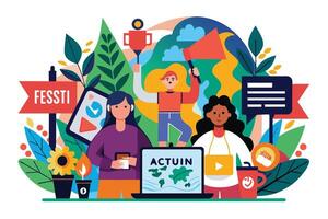 Colorful illustration of 3 people at Fessti Actuin event. Includes laptop with world map, trophy, and colorful elements. vector