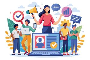 An illustration of a diverse team of people using technology to grow their online business. They are working together to achieve their goals and are confident in their success. vector