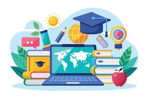 A colorful illustration depicting a laptop with a world map on the screen, surrounded by books, a graduation cap, a pencil, and other learning-related objects. vector