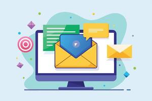 An illustration of a desktop computer displaying an open email with a playing. vector