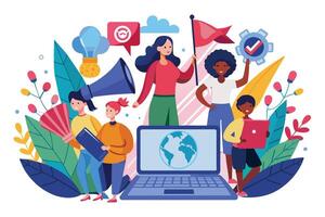 A group of diverse individuals, including women and children, stand together in front of a laptop displaying a globe, symbolizing collaboration and global outreach. vector