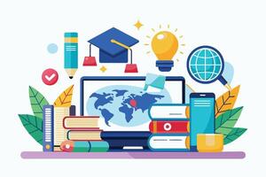 An image shows a laptop with a world map, books, a pencil, a lightbulb, and a smartphone symbolizing online education, global learning, and knowledge. vector
