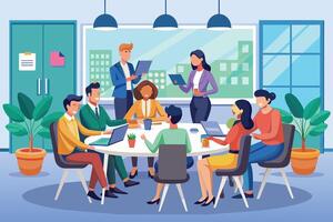 A diverse group of professionals are having a meeting around a table in a modern office setting. They are using laptops and discussing ideas. vector