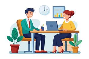 Two people, a man and a woman, are sitting at a desk in an office. They are having a meeting and working on a laptop. vector