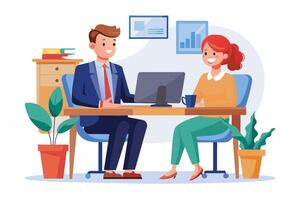A businessman and a woman are sitting at a desk in an office, discussing something with a computer screen in front of them. They both appear to be smiling and happy with the conversation. vector
