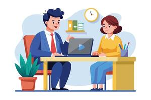 A businessman in a suit is presenting a project proposal to a client in an office setting. The client is listening attentively. vector