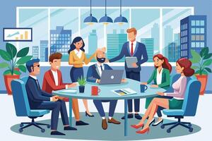 A team of six people sits around a conference table in a modern office, discussing business during the day. vector
