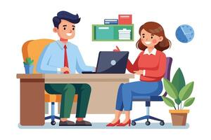 A cartoon illustration of a businessman and businesswoman having a conversation at a desk, with a laptop open in front of them. vector