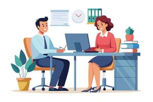A man and woman are sitting at a desk in an office setting. They are collaborating on a project, with the woman working on a computer and the man looking at documents. vector