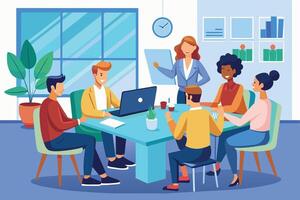 A diverse group of people are gathered in an office for a team meeting. They are sitting around a table, listening to a woman giving a presentation. vector