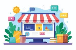 An illustration of an online store with a striped awning and product images on a computer screen. There are also shopping bags, a cup of coffee, and a stack of books. vector