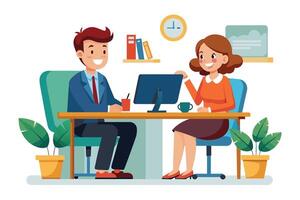A cartoon illustration of two businesspeople working together at a desk. The woman is pointing to the computer screen, while the man smiles and listens. vector