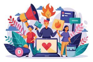 An illustration depicting people using digital tools such as a laptop, megaphone, and camera to promote and share content online. vector