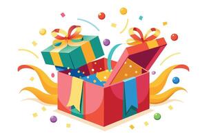A illustration of brightly colored gift boxes exploding with confetti, representing joy, celebration, and surprise. vector