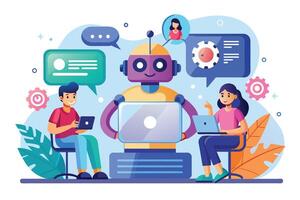 Illustration of a laptop robot helping two people also using laptops. Speech bubbles around the robot show communication and assistance. vector