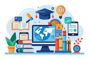 An illustration depicting global online education with icons of books, a graduation cap, pencils, a computer screen with a world map, and a smartphone. vector