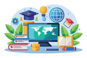 An illustration depicting the concept of global online education. It features a computer screen displaying a world map, books, a pencil, graduation caps, and a lightbulb representing ideas. vector