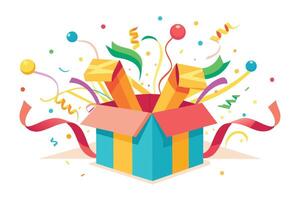 A colorful, cartoon-style illustration of a gift box exploding open with confetti and ribbons. vector