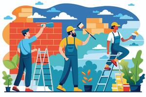 Three workers are working on a brick wall outside. One worker is using a drill, one is painting, and one is standing on a ladder. vector