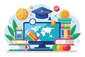 An illustration depicting global online education with a computer displaying a world map, books, a graduation cap, and other learning tools. vector