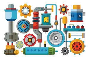 A detailed image of a complex machine with gears, pipes, and other mechanical parts. It is made up of various shapes and sizes, showcasing its intricacy. vector