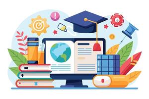 An illustration depicting a computer screen with an open book and a globe on it. Other educational elements, such as books, a graduation cap, and a pushpin, surround the computer. vector