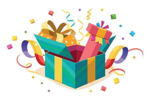 A colorful cartoon illustration of a green and yellow gift box with a red and yellow present inside. The box is open and there are confetti and ribbons flying out of it. vector