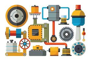 A digital illustration depicting a variety of colorful, stylized machine parts, including gears, wheels, pipes, and engines, all arranged in a complex, interconnected network. vector