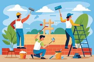 A cartoon illustration of three workers painting a brick wall outside on a sunny day. One worker is on a ladder, another is kneeling, and the third is standing. vector