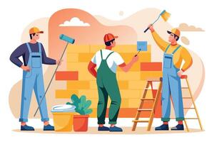 Three painters are working on a brick wall. One is using a roller, another is using a brush, and the third is standing on a ladder and pointing to a spot on the wall. vector