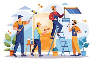 Four workers are painting the exterior of a large building, using ladders and paint rollers. They are wearing overalls and safety hats. vector
