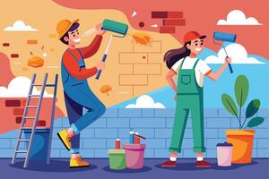 A man and woman stand smiling in front of a wall, each holding a roller brush. The man is on a ladder while the woman is standing on the ground. vector