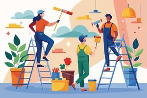 Three painters work on a renovation project, using ladders and various tools to paint the interior walls of a room. vector