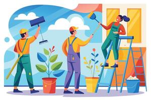Three people are shown cleaning the outside of a house - one with a squeegee on the windows, one with a broom, and one using a rake on leaves. vector