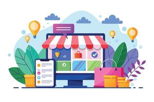A colorful illustration of an online store, depicted with a computer monitor, smartphone, and shopping bag, representing a digital storefront and online shopping experience. vector