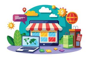 An illustration of a digital storefront with a laptop showing a world map, shopping icons, and payment symbols symbolizes global e-commerce and online business. vector