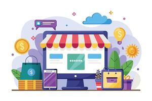 Illustration of an online store website with a red and white striped awning, shopping bags, and money symbols. vector