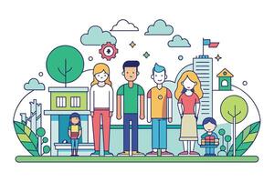 An illustration of a diverse group of people standing in front of buildings and trees. The group includes adults and children. vector