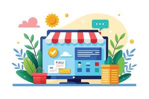 Illustration depicting an online storefront website design with a red awning, plants, and a shopping cart. vector