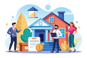 This illustration depicts a couple signing mortgage loan documents in front of a house and bank. vector