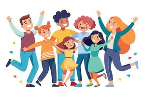A group of seven diverse friends celebrate together, with their arms around each other and smiling brightly. The joyful scene is depicted with cartoon-style illustrations. vector