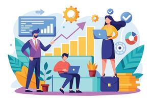 A group of business professionals work together, utilizing data and technology to achieve success and growth. vector