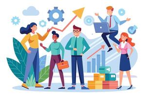 A diverse team of four people celebrates their business success. They are shown standing together in front of a graph indicating positive growth. vector